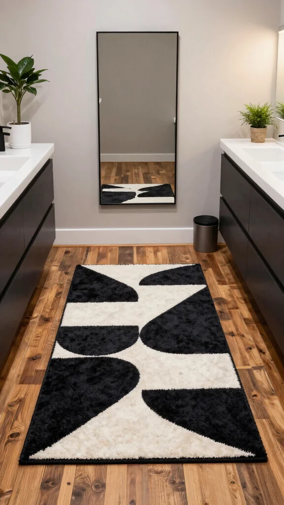 11 Moody Bathroom Rug Ideas for a Dark Atmospheric Floor Textile - 3. Dark Geometric Designs 1