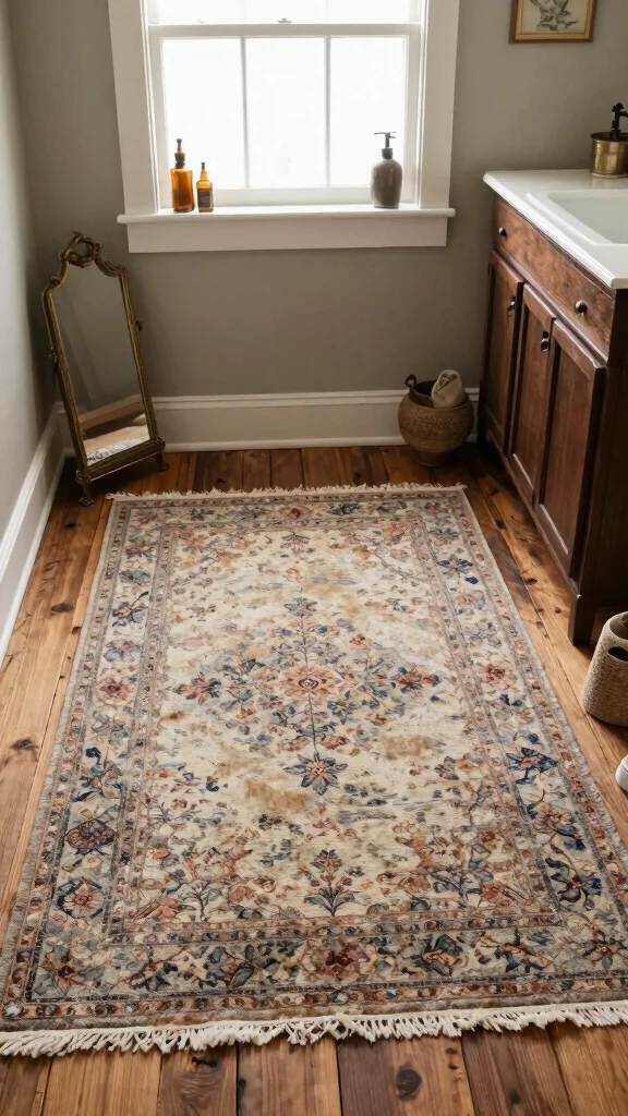 11 Moody Bathroom Rug Ideas for a Dark Atmospheric Floor Textile - 5. Distressed Vintage Finds 1