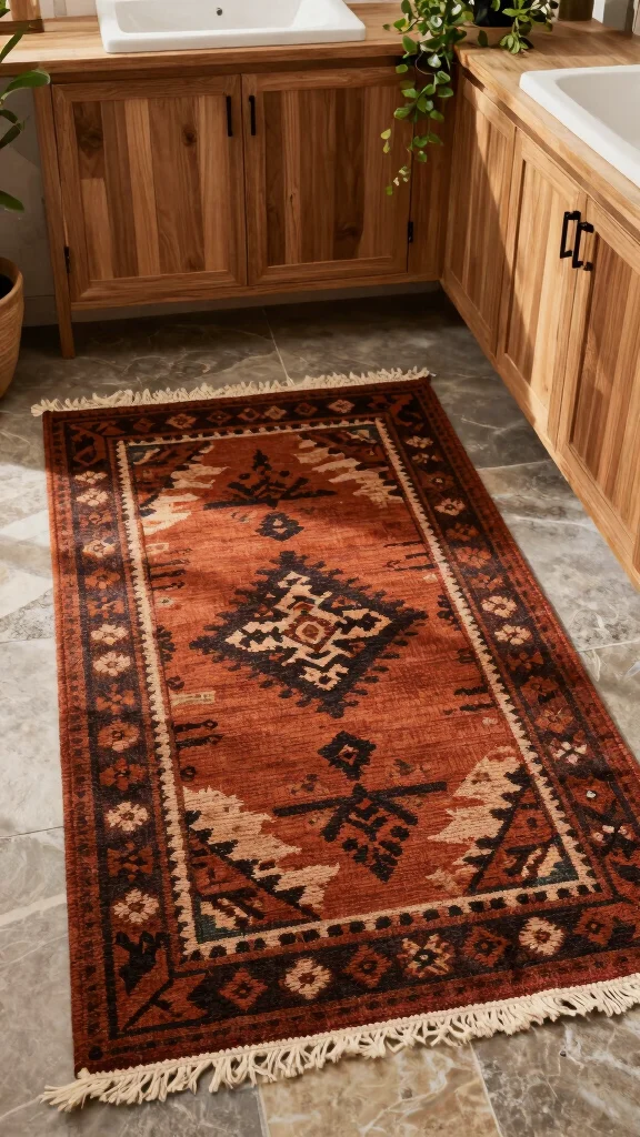 11 Moody Bathroom Rug Ideas for a Dark Atmospheric Floor Textile - 6. Earthy Tribal Designs 1