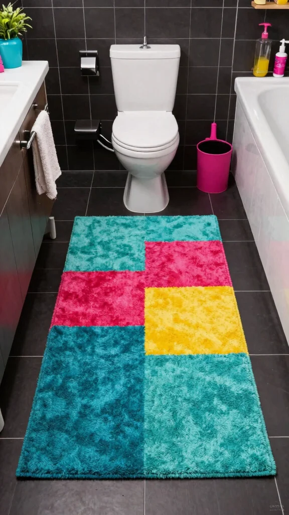 11 Moody Bathroom Rug Ideas for a Dark Atmospheric Floor Textile - 8. Bold Color Blocks 1