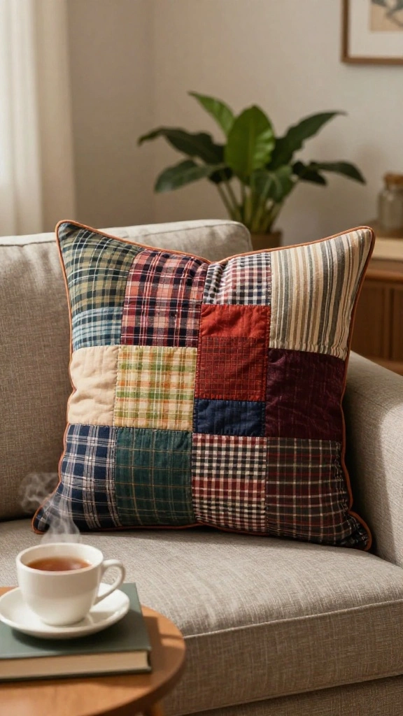 11 Pillow Ideas Made From Men's Shirts for a Meaningful Memory Gift - 1. Patchwork Pillow of Memories 1