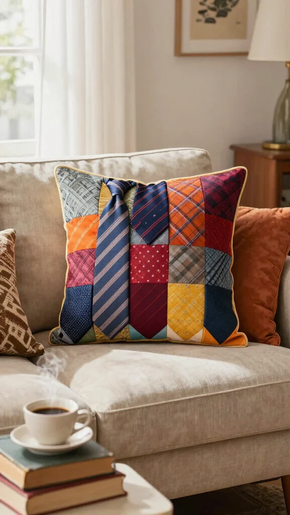 11 Pillow Ideas Made From Men's Ties for a Unique Heirloom Keepsake - 1. Patchwork Tie Pillow 1