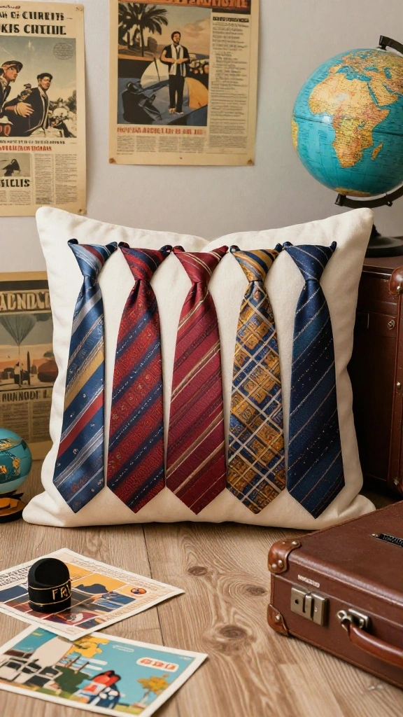 11 Pillow Ideas Made From Men's Ties for a Unique Heirloom Keepsake - 7. Travel-Inspired Tie Pillow 1