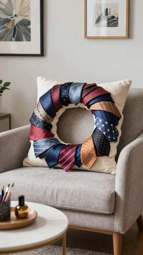 11 Pillow Ideas Made From Men's Ties for a Unique Heirloom Keepsake - 8. Decorative Tie Wreath Pillow 1