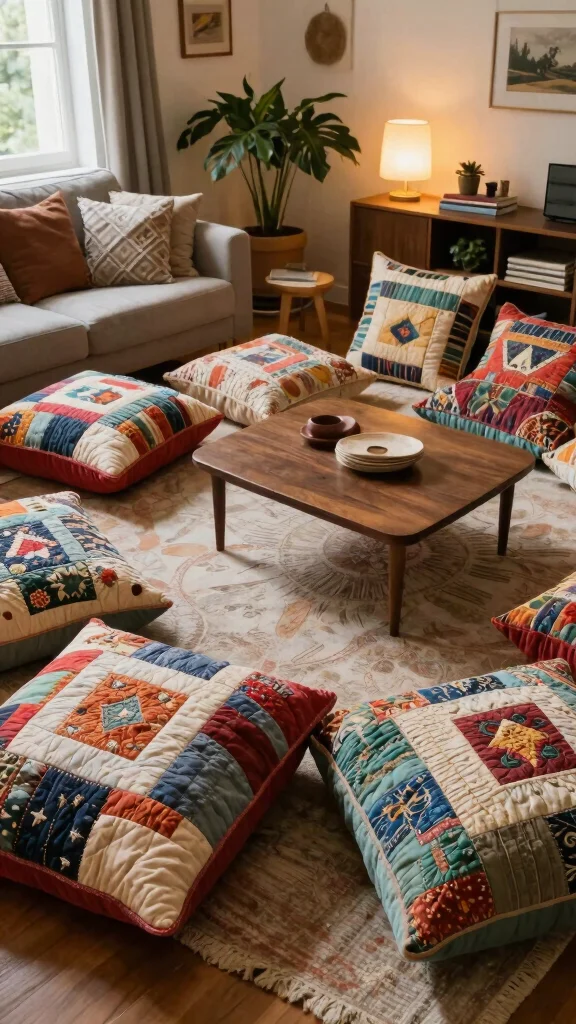 11 Pillow Ideas Made From Old Quilts for a Beautiful Upcycled Home Accent - 9. Decorative Floor Pillows 1
