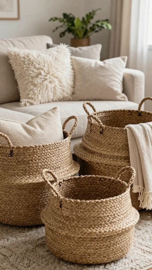 11 Pillow in Basket Storage Ideas for a Cozy Accessible Living Room - 1. Textured Woven Baskets 1