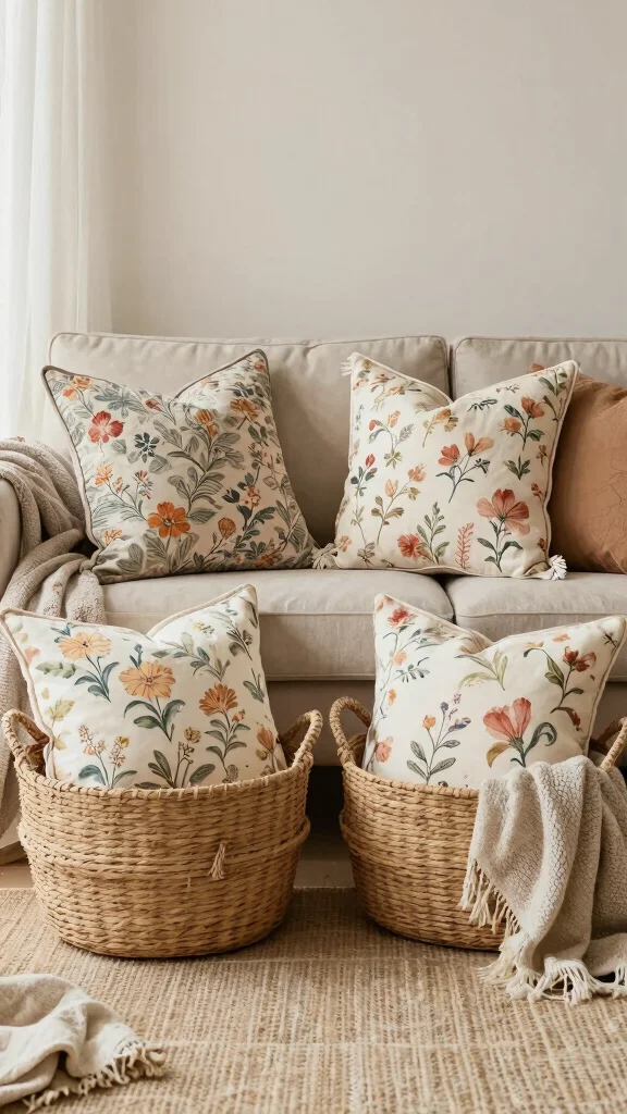 11 Pillow in Basket Storage Ideas for a Cozy Accessible Living Room - 10. Seasonal Pillow Basket Swap 1