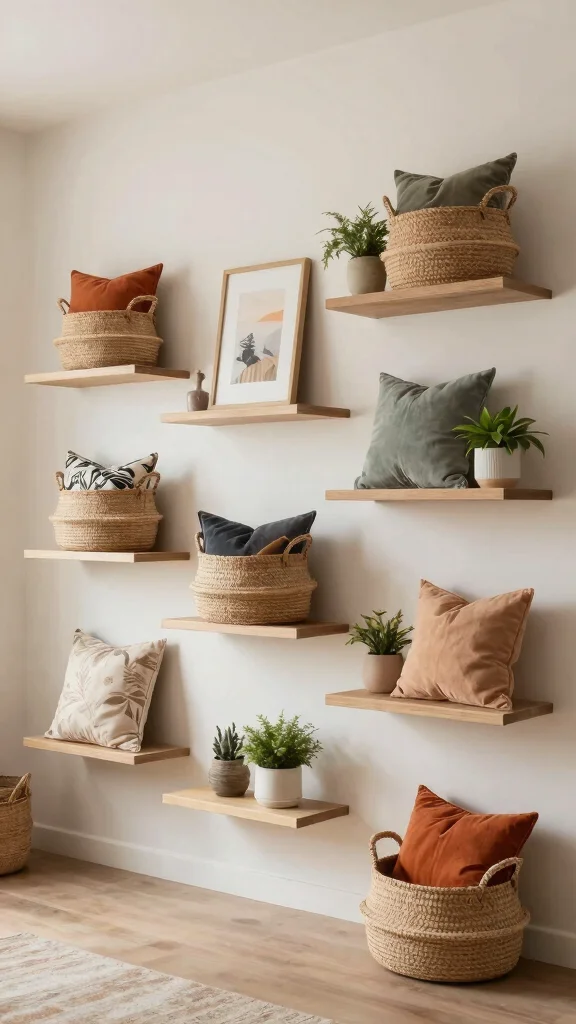 11 Pillow in Basket Storage Ideas for a Cozy Accessible Living Room - 11. Floating Shelves with Baskets 1