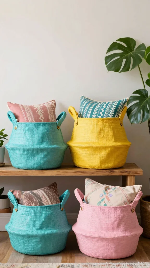 11 Pillow in Basket Storage Ideas for a Cozy Accessible Living Room - 2. Colorful Basket Displays 1
