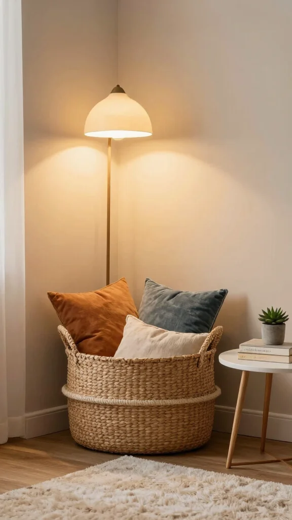 11 Pillow in Basket Storage Ideas for a Cozy Accessible Living Room - 3. Corner Basket Arrangement 1