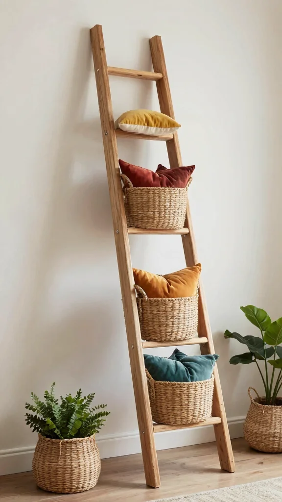 11 Pillow in Basket Storage Ideas for a Cozy Accessible Living Room - 4. Decorative Ladder Storage 1