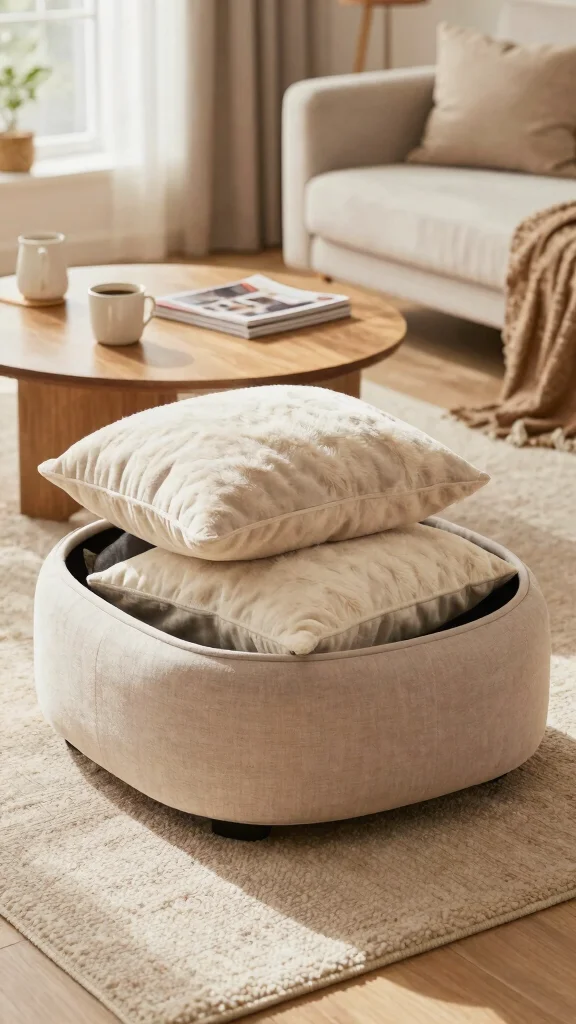 11 Pillow in Basket Storage Ideas for a Cozy Accessible Living Room - 5. Multi-Use Furniture Baskets 1