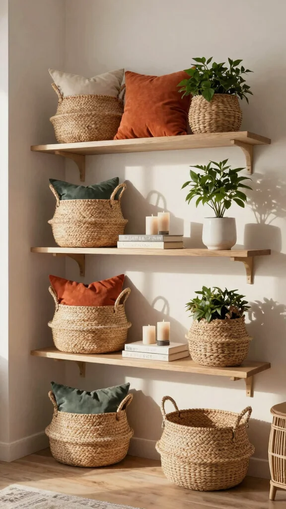 11 Pillow in Basket Storage Ideas for a Cozy Accessible Living Room - 6. Display Shelf with Baskets 1