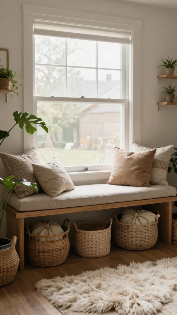 11 Pillow in Basket Storage Ideas for a Cozy Accessible Living Room - 7. Under-Bench Storage Baskets 1