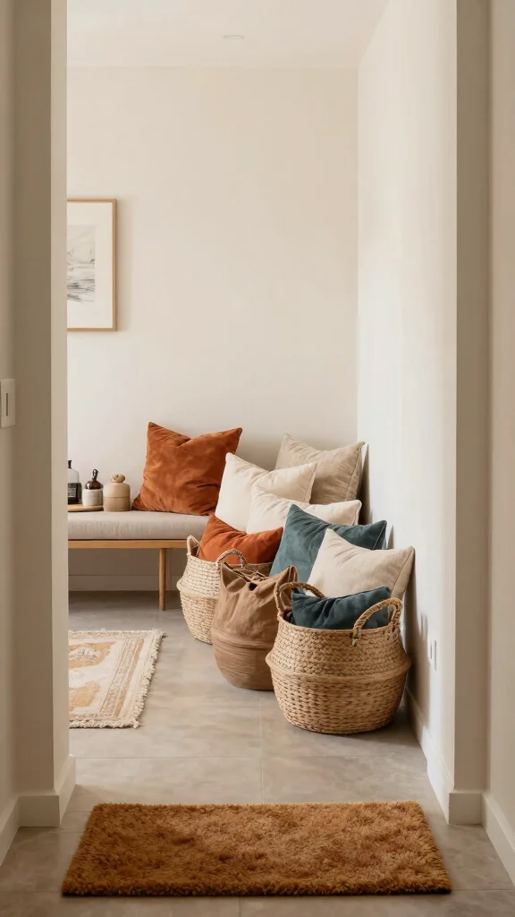 11 Pillow in Basket Storage Ideas for a Cozy Accessible Living Room - 8. Entryway Basket Collection 1