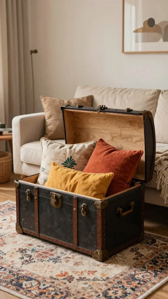 11 Pillow in Basket Storage Ideas for a Cozy Accessible Living Room - 9. Pillows in Decorative Trunks 1