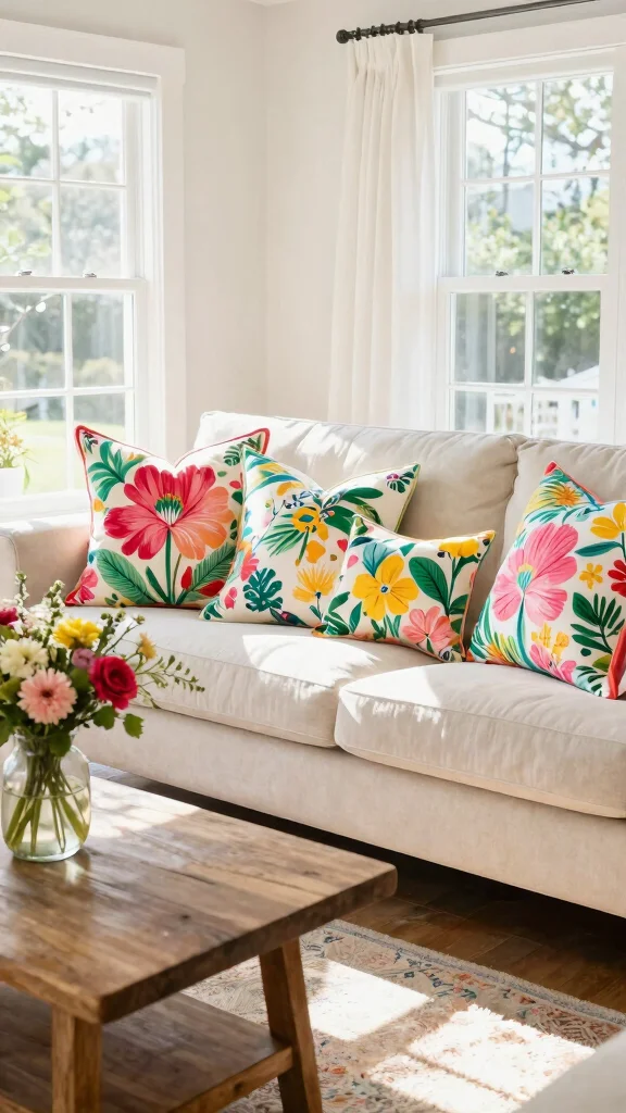 11 Preppy Pillow Ideas for a Classic Colorful Put-Together Living Room - 3. Bold Florals 1