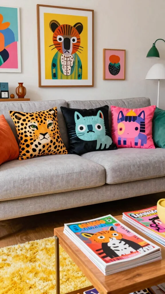 11 Preppy Pillow Ideas for a Classic Colorful Put-Together Living Room - 7. Quirky Animal Prints 1
