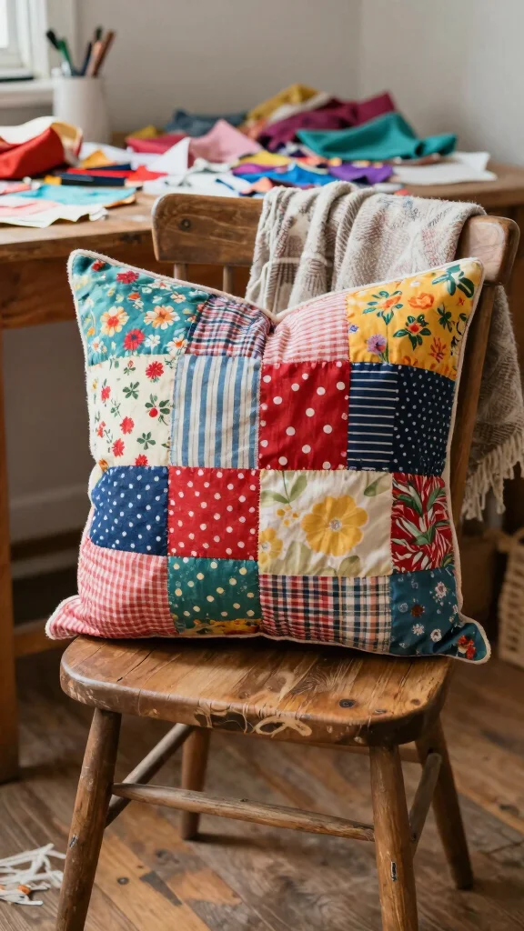 11 Quilted Pillow Project Ideas for a Patchwork Artisan Home Accent - 1. Eco-Friendly Fabric Scraps Pillow 1