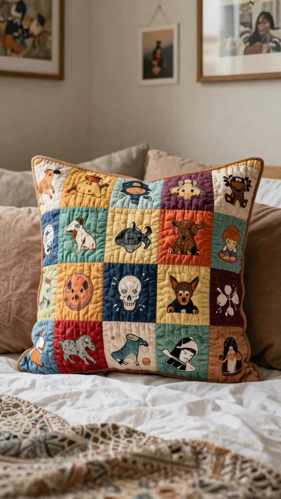 11 Quilted Pillow Project Ideas for a Patchwork Artisan Home Accent - 11. Quilted Memory Pillow from Old T-Shirts 1