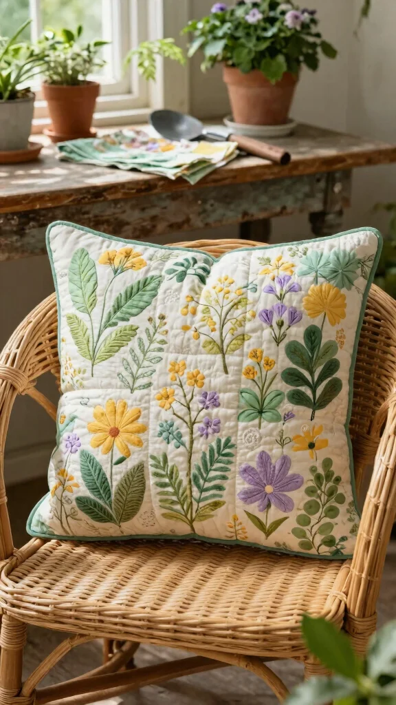 11 Quilted Pillow Project Ideas for a Patchwork Artisan Home Accent - 2. Nature-Inspired Quilted Garden Pillow 1