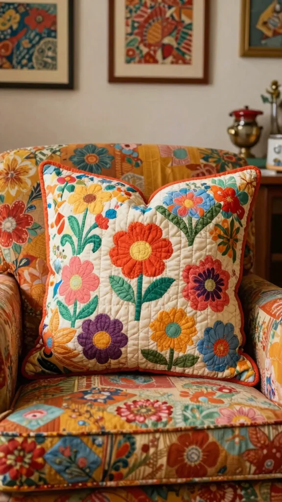 11 Quilted Pillow Project Ideas for a Patchwork Artisan Home Accent - 3. Vintage-Inspired Quilted Flower Power Pillow 1