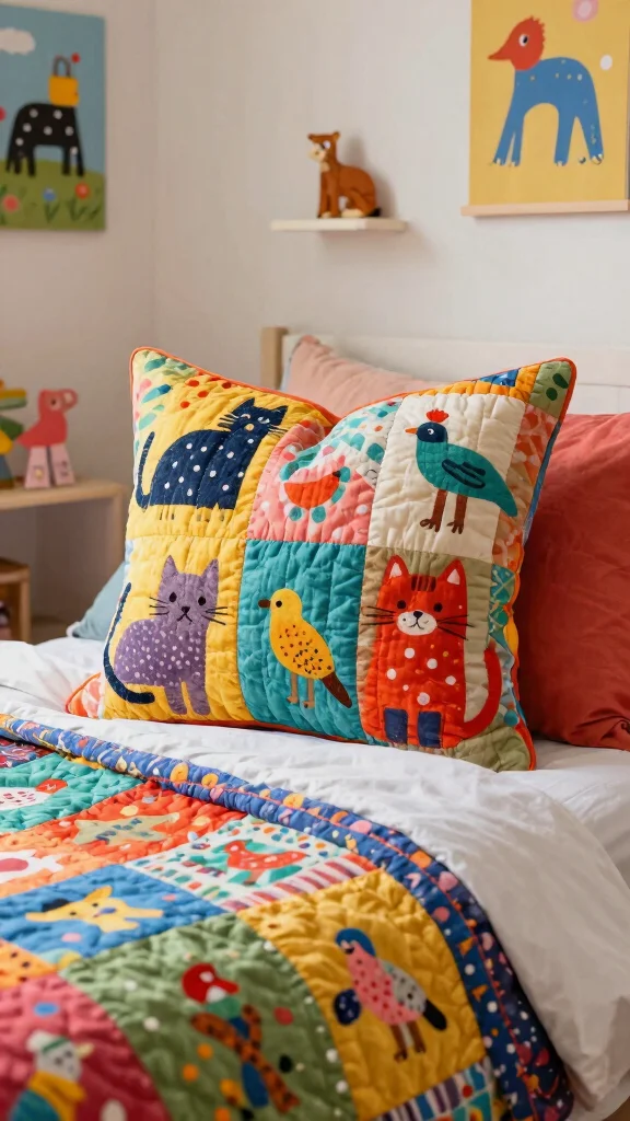 11 Quilted Pillow Project Ideas for a Patchwork Artisan Home Accent - 5. Whimsical Animal Patchwork Pillow 1