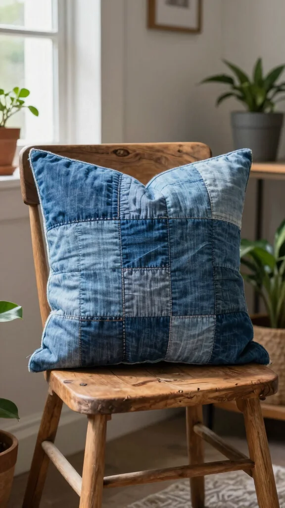 11 Quilted Pillow Project Ideas for a Patchwork Artisan Home Accent - 8. Upcycled Denim Quilted Pillow 1