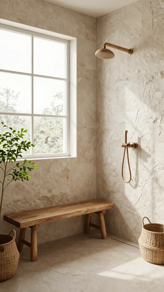11 Shower Head Over Bench Ideas for Accessible Relaxing Seated Showers - 4. Rustic Wood Elements for Warmth 1