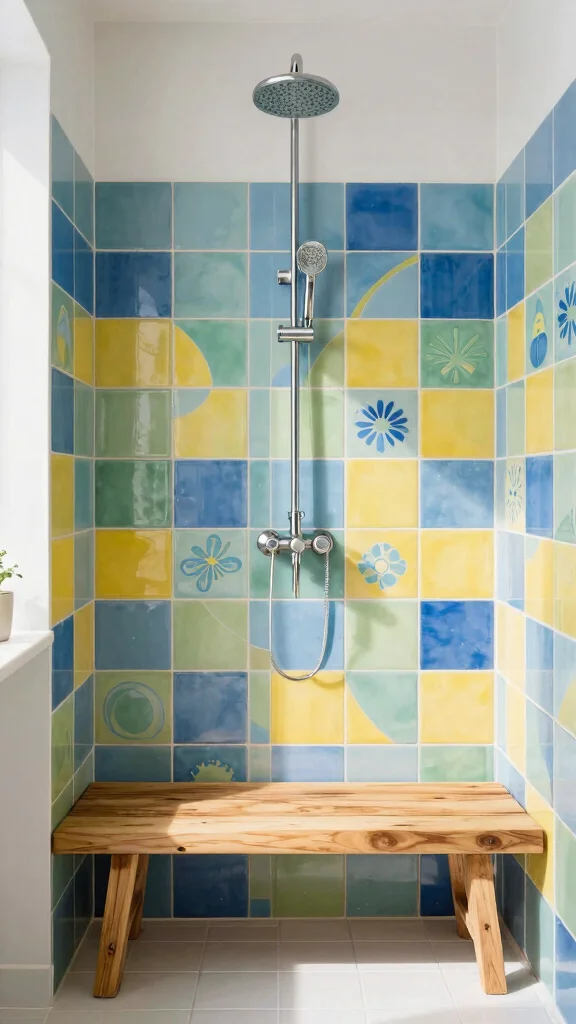 11 Shower Head Over Bench Ideas for Accessible Relaxing Seated Showers - 6. Colorful Tile Accents for Fun 1