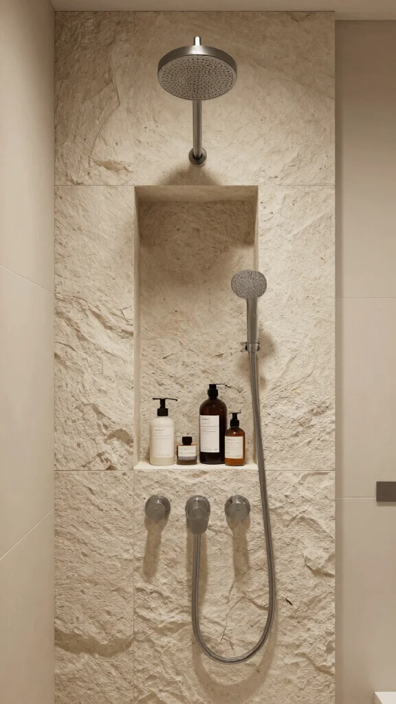11 Shower Niche Placement Ideas Under the Shower Head - 7. Textured Wall Niche 1