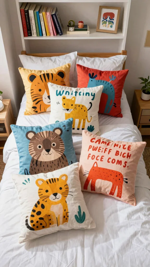 11 Twin XL Pillow Ideas for Dorm Rooms and Single Beds - 2. Quirky Printed Pillows 1