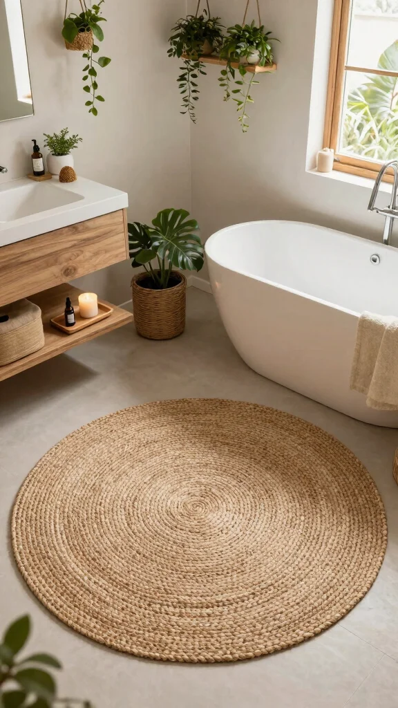 11 Zen Bathroom Rug Ideas for a Calm Spa-Like Floor Textile - 2. Jute: Earthy Elegance 1