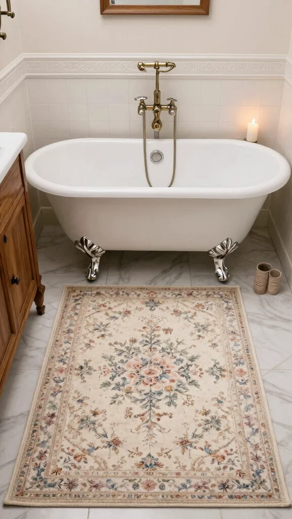 11 Zen Bathroom Rug Ideas for a Calm Spa-Like Floor Textile - 9. Vintage-Inspired Elegance 1