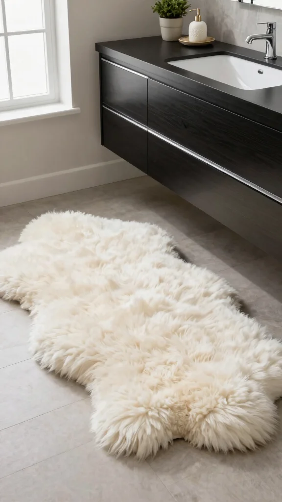 12 Bathroom Rug Ideas for Black Vanities That Tie the Room Together - 1. Luxurious Sheepskin Rugs 1