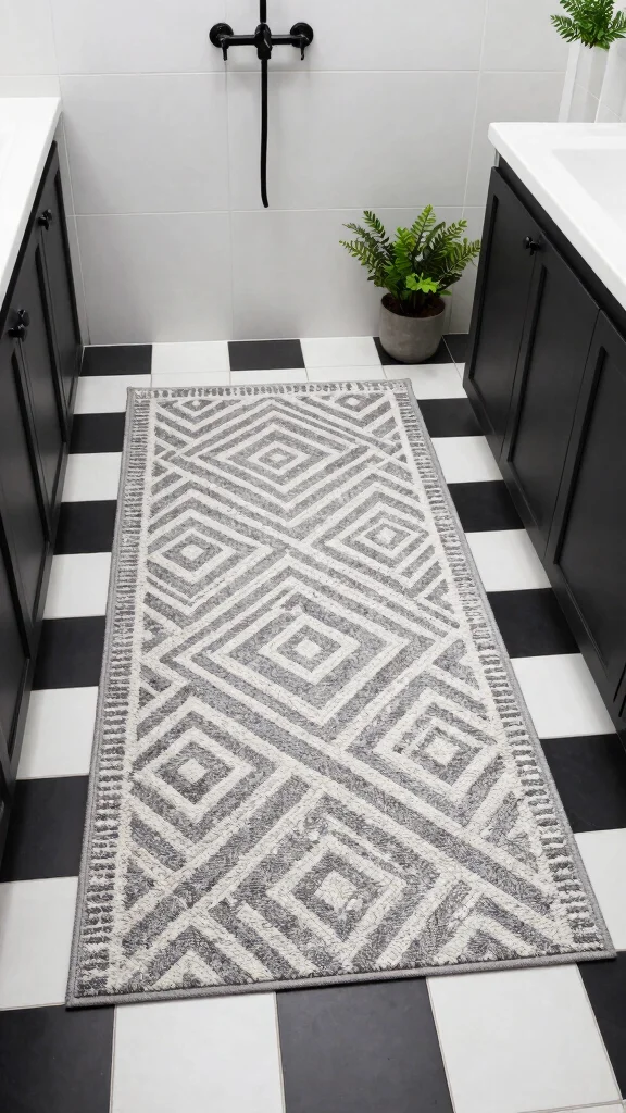 12 Bathroom Rug Ideas for Black and White Tile That Complete the Look - 2. Geometric Patterned Rug 1