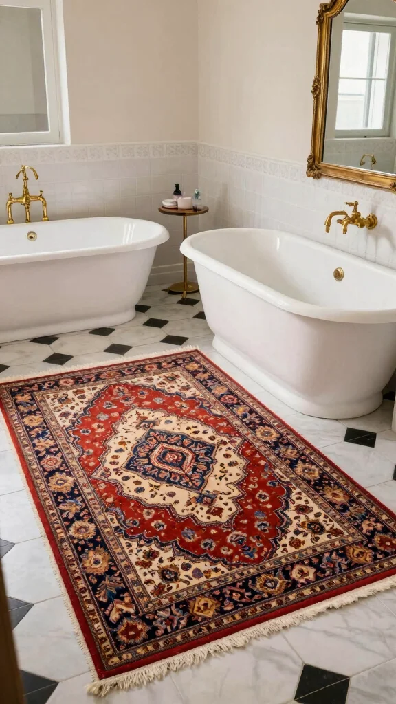 12 Bathroom Rug Ideas for Black and White Tile That Complete the Look - 3. Vintage-Inspired Oriental Rug 1
