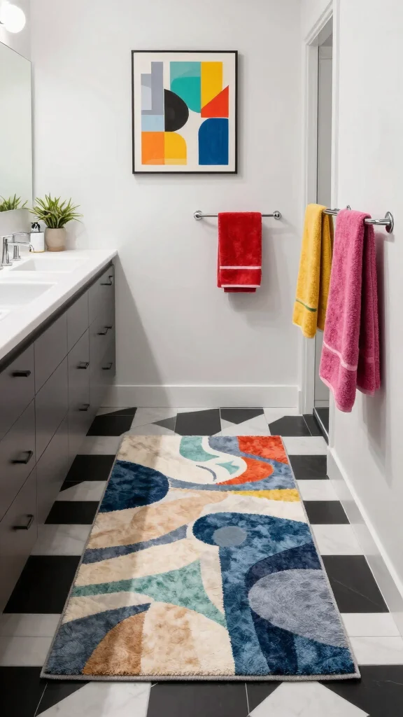 12 Bathroom Rug Ideas for Black and White Tile That Complete the Look - 6. Artistic Abstract Design Rug 1