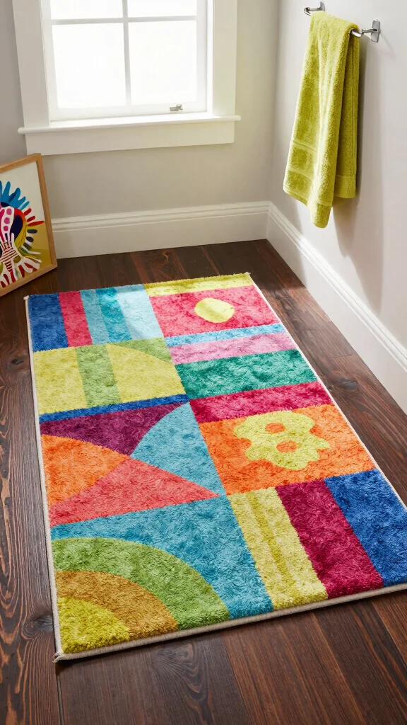 12 Bathroom Rug Ideas for Dark Floors That Add Contrast and Warmth - 11. Color Accents to Brighten Dark Floors 1