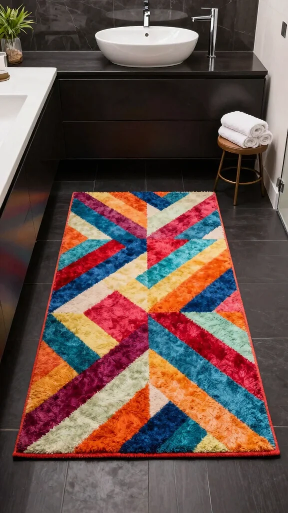 12 Bathroom Rug Ideas for Dark Floors That Add Contrast and Warmth - 3. Bold Geometric Patterns to Make a Statement 1