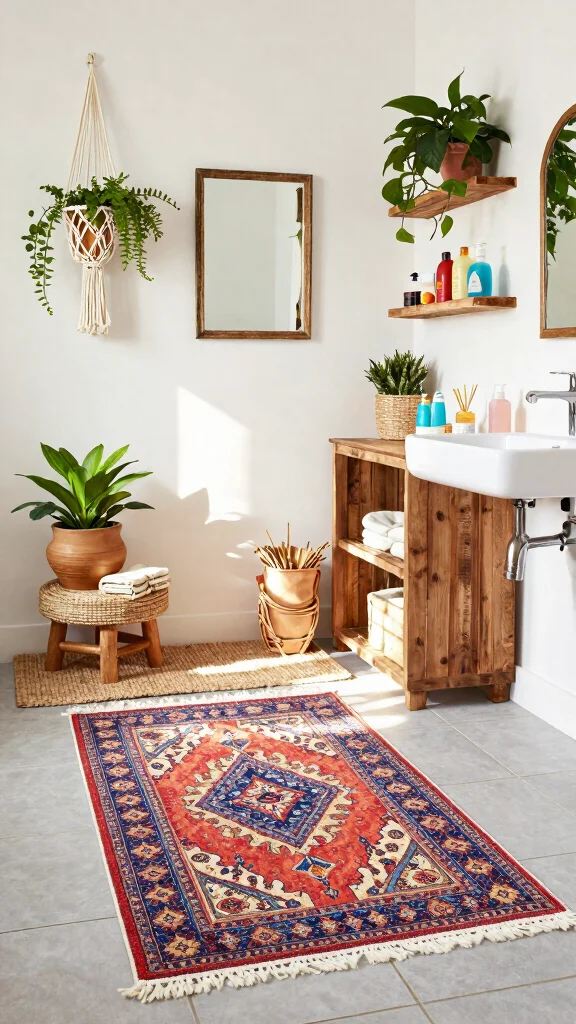 12 Bathroom Rug Ideas for Gray Tile That Layer Beautifully - 2. Bohemian Layering with Jute and Cotton 1