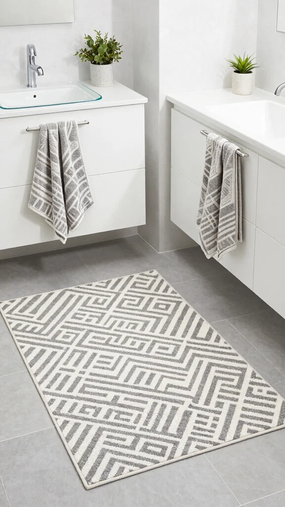 12 Bathroom Rug Ideas for Gray Tile That Layer Beautifully - 3. Minimalist Geometric Patterns 1