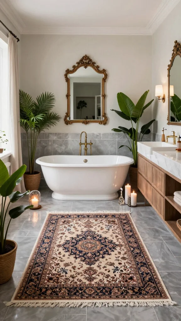 12 Bathroom Rug Ideas for Gray Tile That Layer Beautifully - 4. Vintage Persian Rugs 1