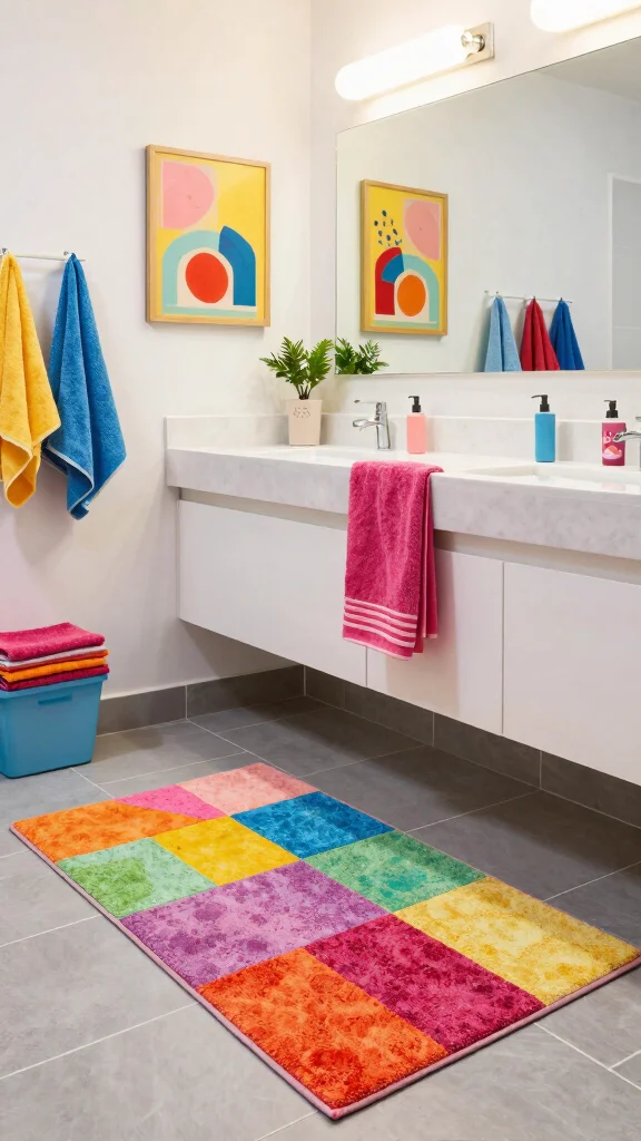 12 Bathroom Rug Ideas for Gray Tile That Layer Beautifully - 6. Vibrant Color Pops 1