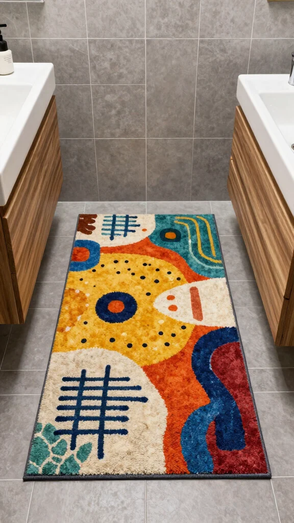 12 Bathroom Rug Ideas for Gray Tile That Layer Beautifully - 8. Artsy Painted Rugs 1