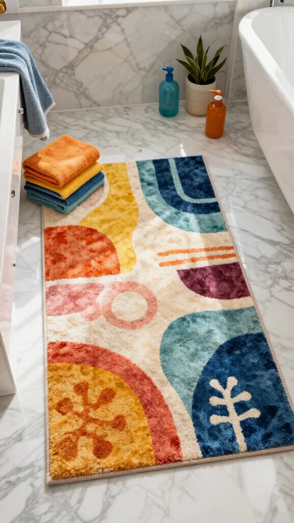 12 Bathroom Rug Ideas for Marble Floors That Enhance Without Hiding - 10. Artistic Printed Rugs 1