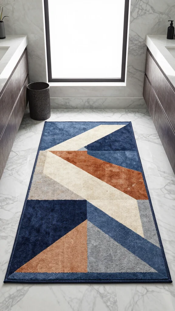 12 Bathroom Rug Ideas for Marble Floors That Enhance Without Hiding - 8. Modern Geometric Rugs 1