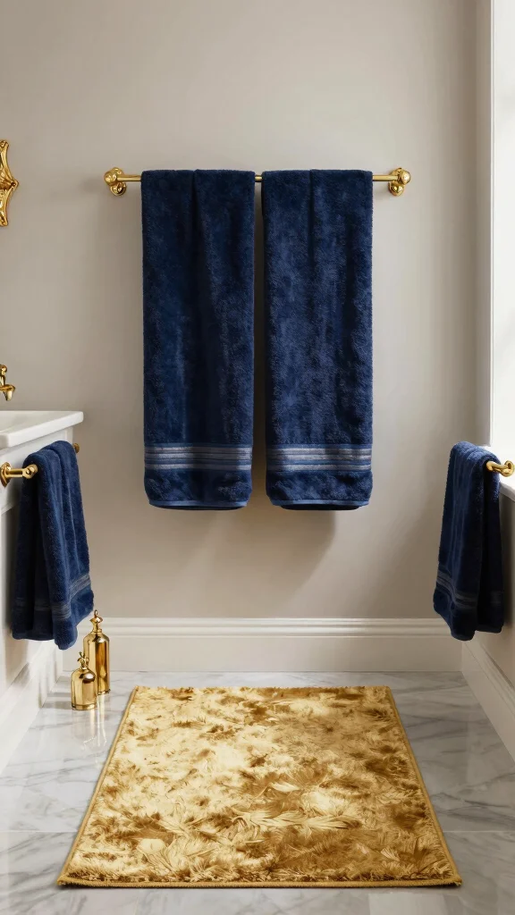 12 Bathroom Rug and Towel Color Palette Ideas for a Cohesive Look - 11. Classic Navy and Gold 1