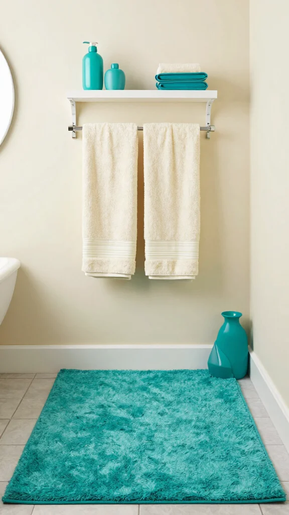 12 Bathroom Rug and Towel Color Palette Ideas for a Cohesive Look - 12. Terrific Teal and Cream 1