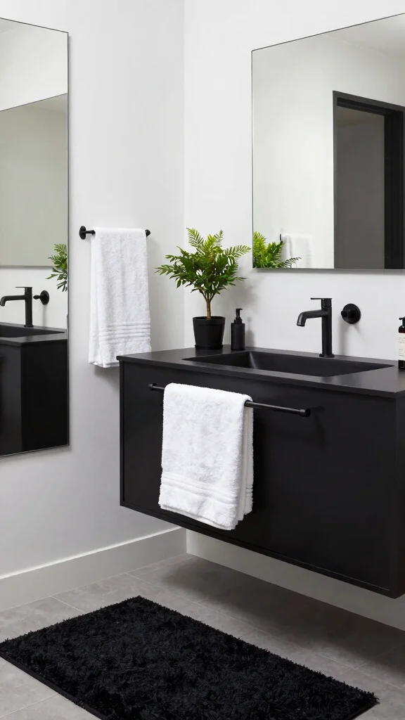 12 Bathroom Rug and Towel Color Palette Ideas for a Cohesive Look - 3. Bold Black and White 1